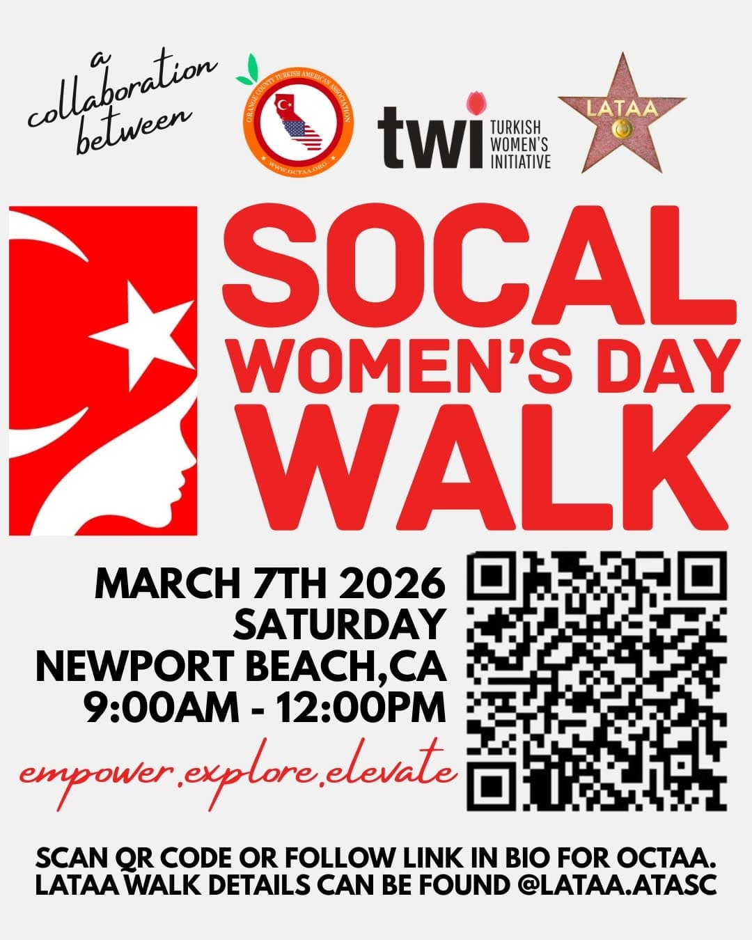 🌸 Our annual Women’s Day Walk is back! 🌸

OCTAA & LATAA, in collaboration with TWI, are proud to host Women’s Day Walkathons on two consecutive days in two iconic coastal locations.

📍OCTAA Walk: Balboa Pier parking lot, Newport Beach, CA
📆Saturday, March 7, 2026
⏰Time: 9:00 a.m. – 12:00 p.m.

❗️LATAA will host their own Women’s Day Walkathon as part of the same SoCal Women’s Day weekend celebration. LATAA participants should register using LATAA’s own registration link.
📍Visit @lataa.atasc for more info

👟 We’ll enjoy a refreshing 1.74-mile round-trip walk from Balboa Pier to Newport Pier, followed by a relaxed oceanfront brunch at the beach.

🩷 This event also serves as a fundraiser for TWI, an inspiring organization committed to empowering young women through education and leadership development.

💜 Your donation includes brunch and a commemorative T-shirt, symbolizing our collective impact. Already have a Women’s Day T-shirt? You can opt out during checkout, and your donation will go directly toward supporting more young women through TWI.

📅 Please sign up and donate by February 28

🌟 Let’s walk with purpose, celebrate women, and invest in a brighter future — together ✨

🇹🇷🇺🇸🇹🇷🇺🇸🇹🇷🇺🇸🇹🇷🇺🇸🇹🇷🇺🇸🇹🇷🇺🇸

📍 OCTAA Yürüyüşü: Balboa Pier otoparkı, Newport Beach, CA
📅 7 Mart 2026, Cumartesi
⏰ 09.00 – 12.00

❗️LATAA katılımcıları, kayıtlarını LATAA’nın kendi kayıt linki üzerinden yapmalıdır.
📍Detaylar için: @lataa.atasc

👟 Balboa Pier’dan Newport Pier’a 1,74 millik (gidiş-dönüş) keyifli bir sahil yürüyüşü yapacak, ardından deniz kenarında rahat bir brunch ile günü tamamlayacağız. Gücü, dayanışmayı ve kız kardeşliği kutlamanın harika bir yolu.

🩷 Etkinlik aynı zamanda, genç kadınları eğitim ve liderlik yoluyla güçlendiren TWI için bir bağış etkinliğidir.

💜 Bağışınıza brunch ve anı tişörtü dahildir. Önceki yıllardan Dünya Kadınlar Günü tişörtünüz varsa, ödeme sırasında tişörtü seçmeyebilirsiniz; bu durumda bağışınızın tişört payı doğrudan TWI aracılığıyla daha fazla genç kadını desteklemek için kullanılacaktır.

#octaa_us #womensday #walkwithpurpose #internationalwomensday2026 #turkishamerican