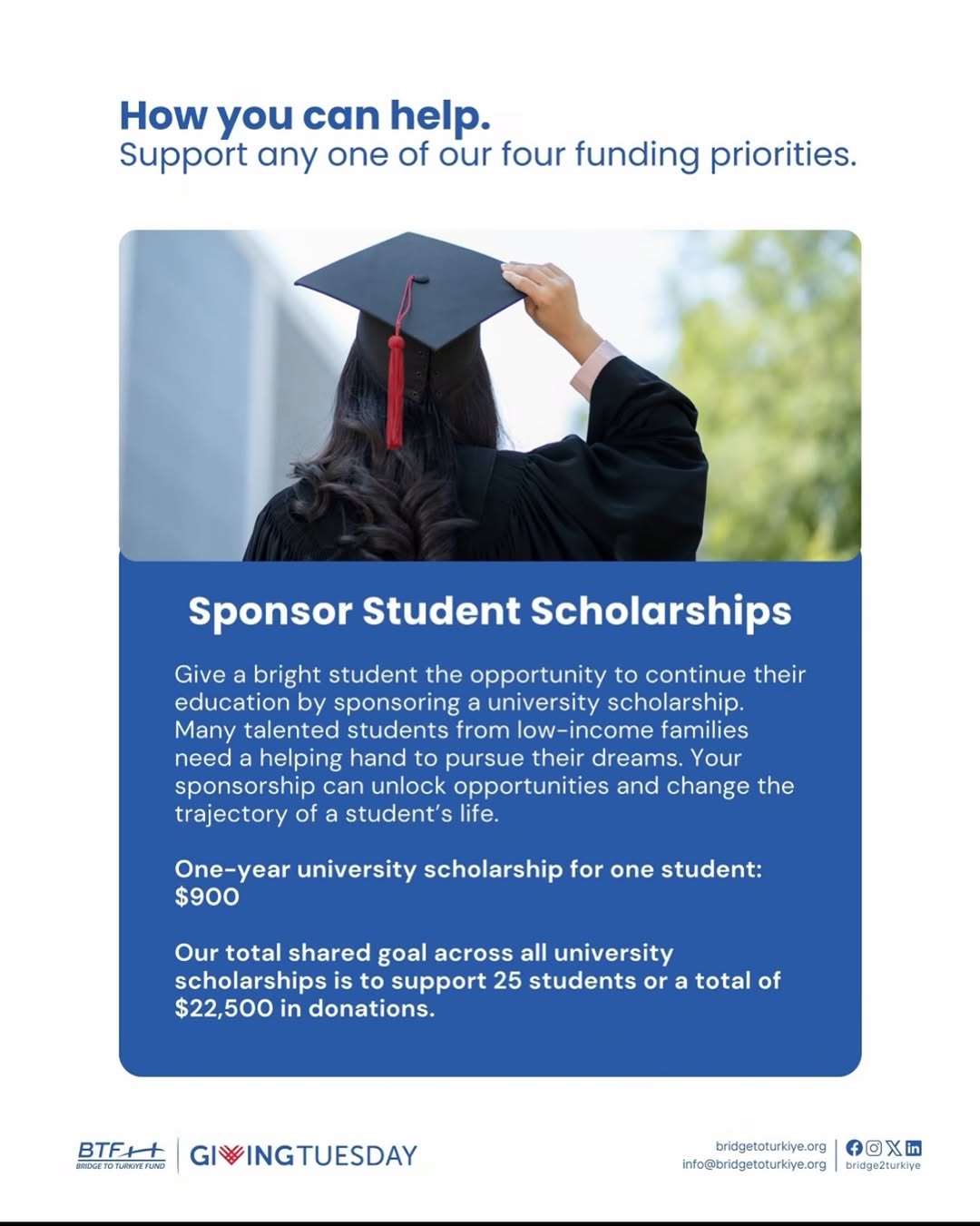 Giving Tuesday is a global day dedicated to generosity and giving back.
On this meaningful day, OCTAA proudly supports Bridge to Türkiye Fund (BTF)’s University Scholarship Campaign.

Every contribution for students with big dreams means:
🎓 Offering hope,
🎓 Opening doors to their educational journey.

And the best part: All donations are matched and doubled.
One gift → Twice the impact. 💙

This Giving Tuesday, let’s join together to brighten a young student’s future.
👉 Donation link in bio.
🇹🇷🇺🇸🇹🇷🇺🇸🇹🇷🇺🇸🇹🇷🇺🇸🇹🇷🇺🇸🇹🇷🇺🇸

Giving Tuesday, tüm dünyada paylaşmanın ve iyilik yapmanın kutlandığı özel bir gün…
Bu anlamlı günde OCTAA olarak, Bridge to Türkiye Fund (BTF)’in Üniversite Burs Kampanyasını destekliyoruz.

Maddi imkânları sınırlı ama hayalleri büyük üniversite öğrencilerine yapılan her katkı;
🎓 Umut olur,
🎓 Eğitim yolculuklarında yeni bir kapı açar.

Ve en güzeli: Bu kampanyada bağışlar matching ile iki katına çıkıyor.
Bir destek → İki kat etki. 💙

Bu Giving Tuesday’de gelin, bir gencin geleceğine birlikte dokunalım.
👉 Bağış linki bio’da.
