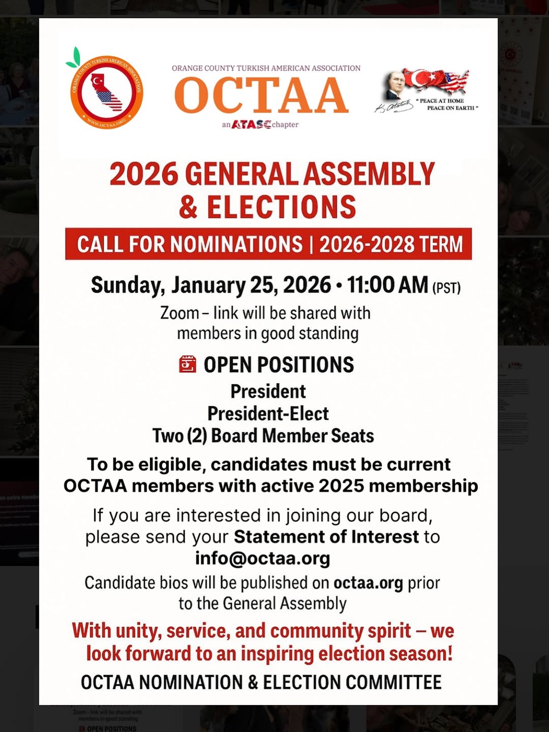 📢 Special Announcement 🗳️ OCTAA General Assembly & Board Elections are coming up on January 25, 2026!
Nominations are now open for President, President-Elect, and two Board Member positions.

🌟 Interested in serving our community?
Submit your Statement of Interest to info@octaa.org.

Let’s continue building a stronger OCTAA together! 🇹🇷✨